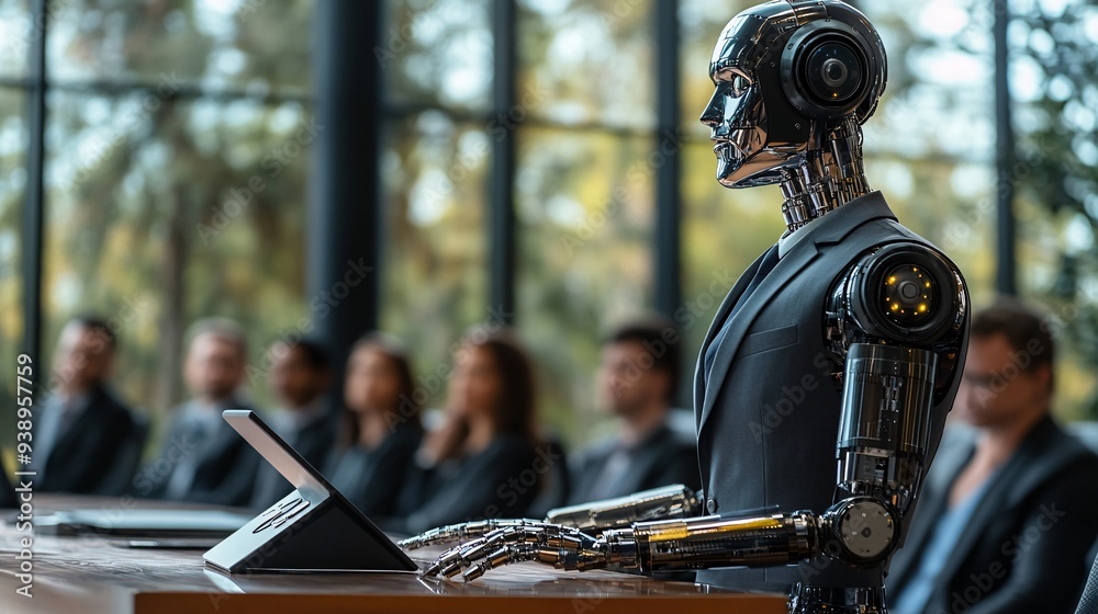 Leinwandbilder A business executive robot in a sharp suit presenting data and strategies to a corporate team in a modern office boardroom illustrating AI role in corporate leadership Stock Photo with copy space