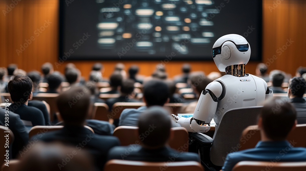 Poster A robot in business attire explaining complex data analysis to a board of executives in a high-tech conference room emphasizing AI influence on modern business strategies Stock Photo with copy space