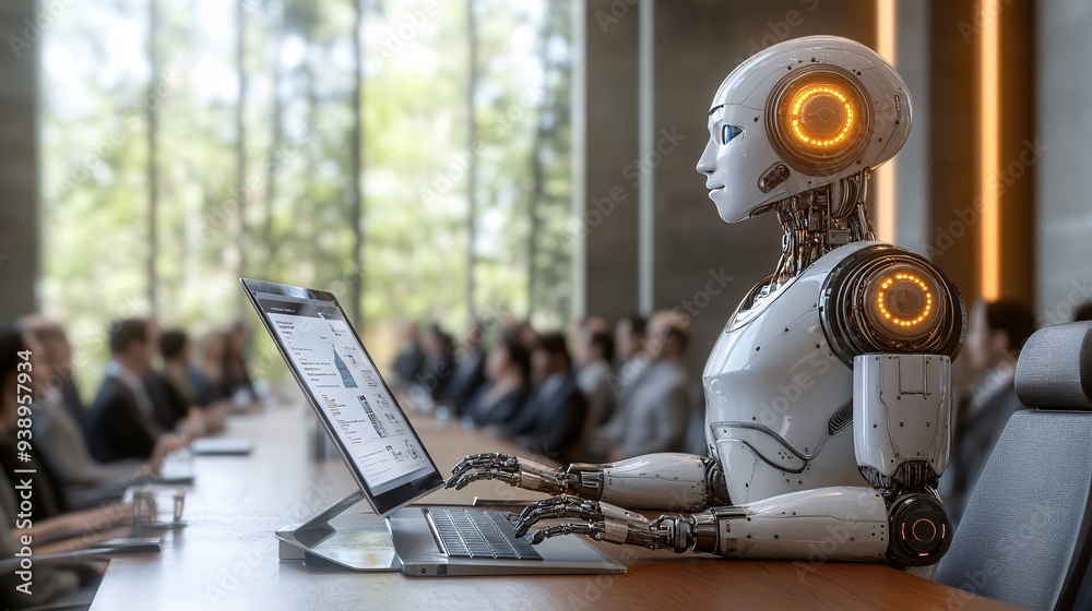 Poster a business executive robot delivering a presentation with advanced analytics in a sleek boardroom sy