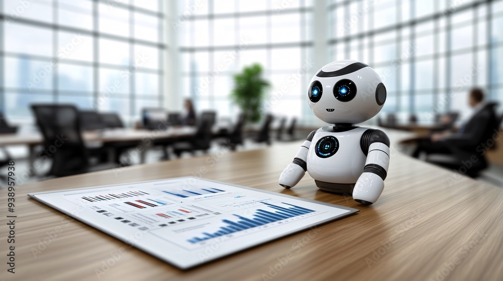 Poster a business executive robot delivering a presentation with advanced analytics in a sleek boardroom sy