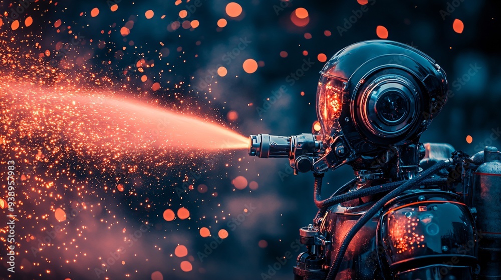 Aufkleber a firefighting android in full gear using high-tech tools to control a fire in an industrial setting