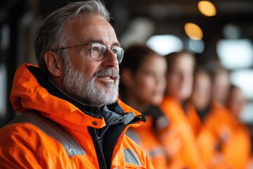 Homme senior expliquant la  s&eacute;curit&eacute; et la protection civile pendant une formation. Senior man explaining safety and civil protection during a training session.