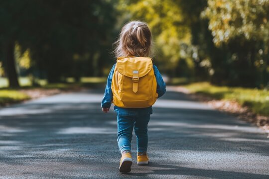 Child wearing back pack walking to first day of school. Enfant portant un sac &agrave; dos se rendant &agrave; son premier jour d'&eacute;cole. 