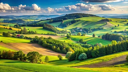 Naklejka premium Rolling hills and lush green fields stretch into the distance under a bright blue sky in the picturesque Kraków-Częstochowa Upland region of southern Poland.