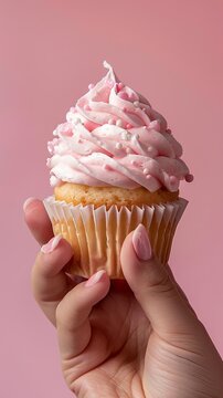 A hand delicately holds a cupcake adorned with fluffy pink frosting, set against a pink backdrop, emphasizing sweetness and delight.