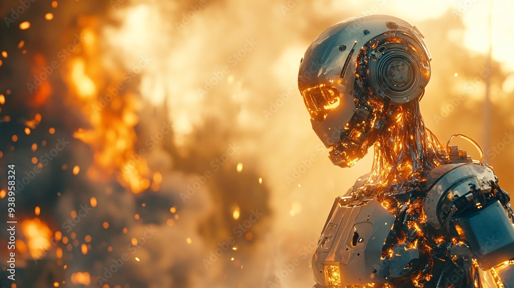 Poster A firefighting robot dressed in full gear battling a fire with advanced technology in a complex environment representing the future of emergency response through robotics Stock Photo with copy space