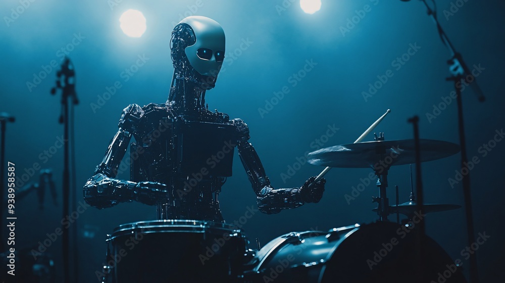 Poster A robotic rock star performing a solo on stage capturing the synergy between advanced robotics and live music in a futuristic concert setting Stock Photo with copy space