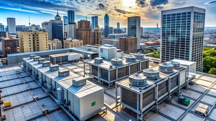 Rooftop view of a commercial building showcasing a sprawling array of industrial HVAC units, vents, and ductwork amidst a sprawling urban cityscape backdrop.