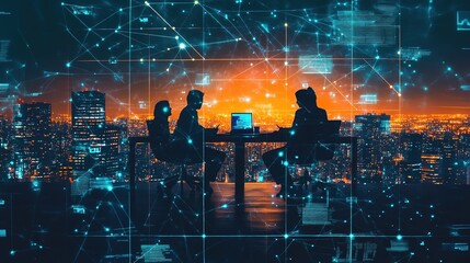 Silhouette of professionals working together in an office, with network effects representing digital collaboration