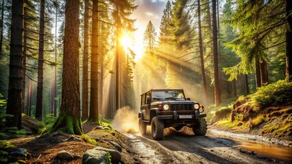 Rugged, mud-splattered off-road vehicle navigates through dense forest, tires gripping rocky terrain, sunlight filtering through trees, capturing the thrill of an adventurous wilderness escapade.