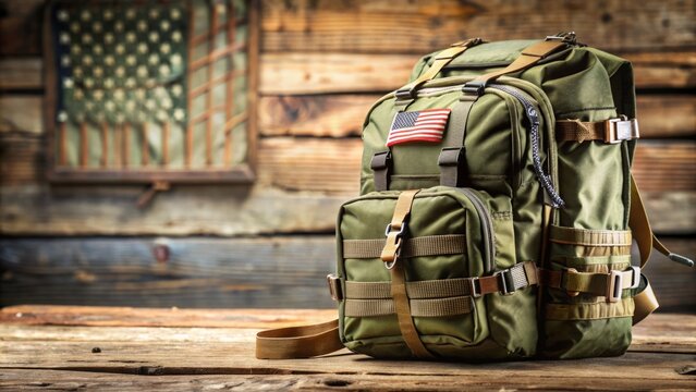 Rugged, olive-drab backpack with multiple pockets and MOLLE webbing, adorned with dog tags and flag patch, set against a blurred, rustic outdoor background.