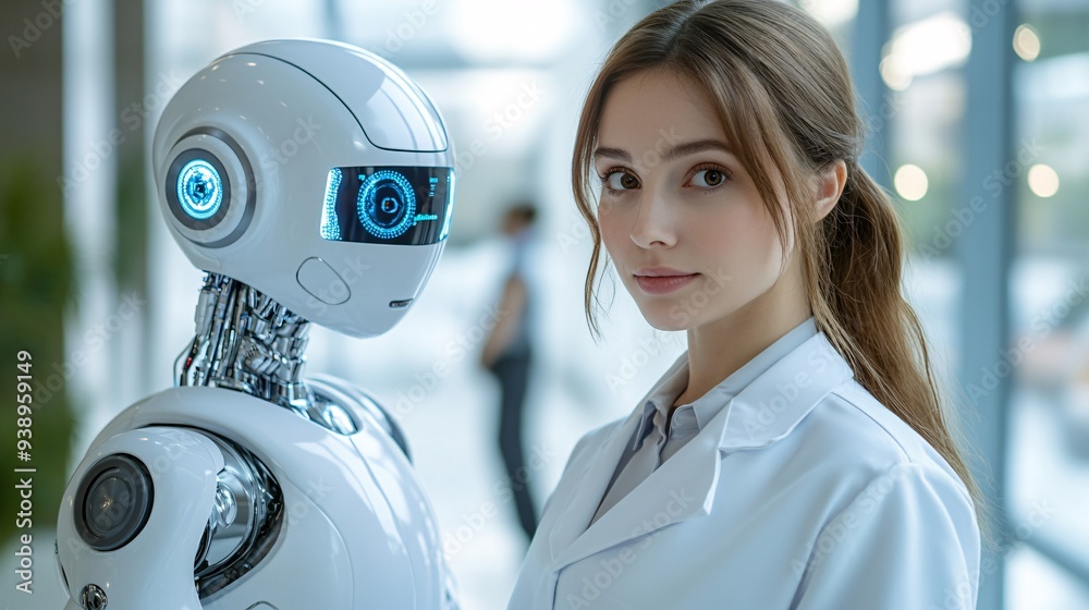 Poster A medical assistant android in a white coat using advanced diagnostic tools during a consultation in a futuristic clinic representing the precision and personalization of robotic healthcare Stock