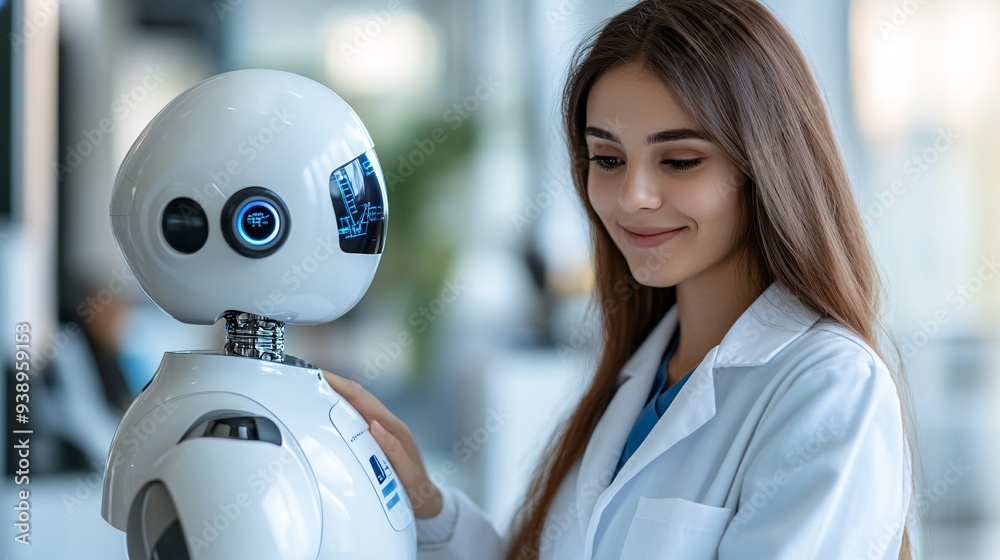 Poster a medical assistant android in a white coat using advanced diagnostic tools during a consultation in