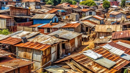 Fototapeta premium Rundown, crumbling housing with rusty corrugated iron roofs and makeshift shelters amidst litter-strewn alleys, capturing the harsh realities of urban poverty in a developing nation.