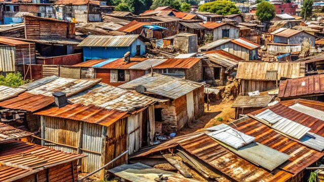 Rundown, crumbling housing with rusty corrugated iron roofs and makeshift shelters amidst litter-strewn alleys, capturing the harsh realities of urban poverty in a developing nation.