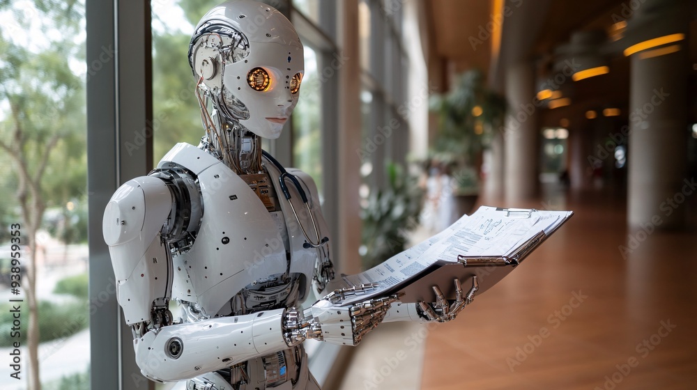 Poster a robot doctor in a clinical setting reviewing patient data and discussing treatment options symboli