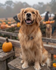 dog with pumpkins on blurred autumn food market background , fall and harvest aesthetic. Halloween and thanksgiving holiday