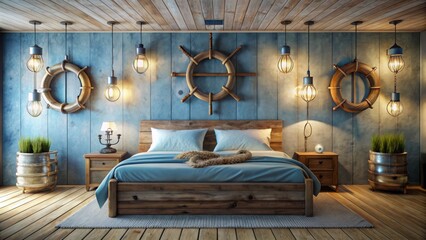 Rustic wooden bed frame with anchors, ropes, and life rings adorning the walls and ceiling in a serene, ocean-inspired bedroom with soft blue lighting.