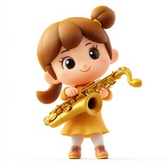 Cartoon Girl Playing Saxophone, adorable 3D character with large head, big eyes, friendly smile, chubby body, vibrant colors, appealing to children, set against clear white backdrop