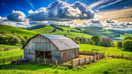 Rustic wooden hog barn with corrugated metal roof, surrounded by rolling hills and lush green pastures, under a sunny blue sky with fluffy white clouds.