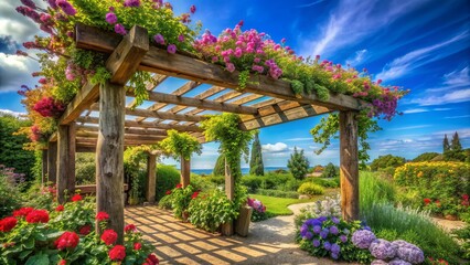 Obraz premium Rustic wooden pergola adorned with lush green vines and blooming flowers, providing a serene shade in a picturesque garden against a soft blue sky.