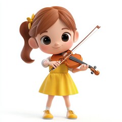 Cartoon Girl Playing Violin, a charming 3D illustration of a cute girl with a large head and big eyes, exuding friendliness, set against a clear white background, designed to delight children