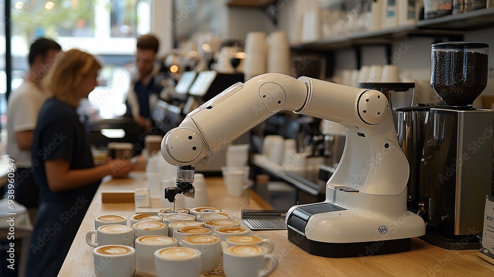 Poster a robotic barista in a high-tech cafe environment serving coffee to customers showcasing the precisi