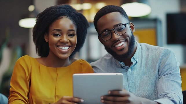 Smiling young African American professionals working together with a digital tablet in an office, representing collaboration