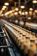 Obraz premium Inside the milk factory, the conveyor belt is filled with rows and rows of pudding bottles of milk, with no design on the sides of the glass bottles.