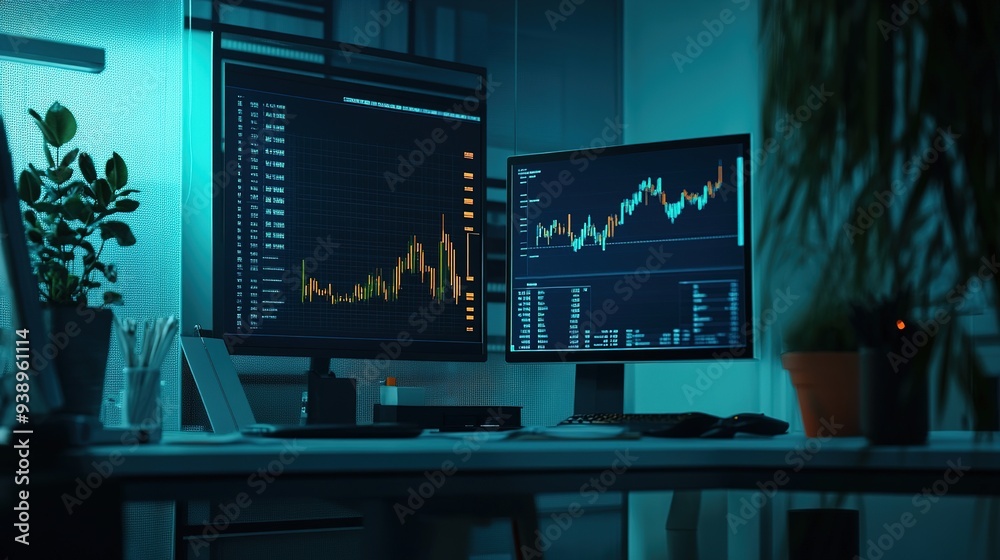 Poster Stock market growth analysis with digital charts and graphs in a modern office