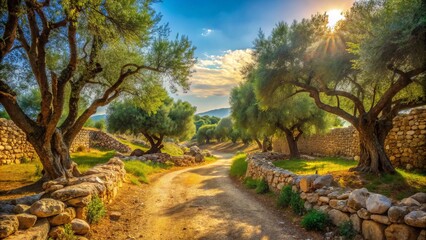 Fototapeta premium Sandy pathways wind through ancient olive groves and rustic stone walls in a serene, sun-drenched landscape of Israel's historic Holy Land region.