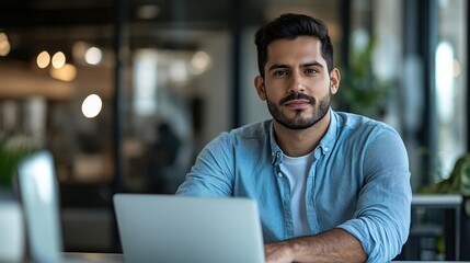 Obraz premium businessman working on a laptop in a modern office, focusing on e-commerce