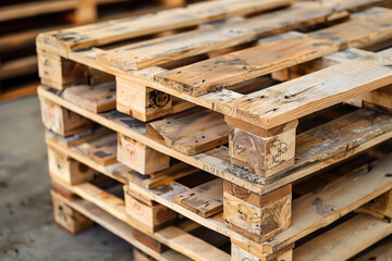 Stack of wooden pallet. Industrial wood pallet at factory warehouse. 