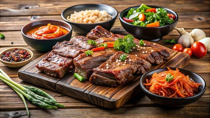 Savory Korean-style marinated beef short ribs, La Galbi, grilled to perfection, served with steamed vegetables and crispy kimchi on a traditional wooden table.