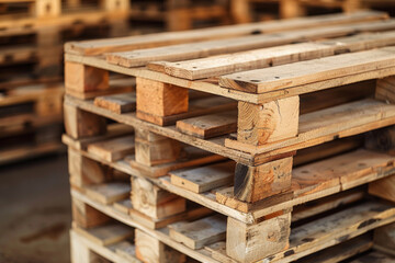 Stack of wooden pallet. Industrial wood pallet at factory warehouse. 