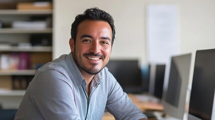 Obraz premium Hispanic businessman working on data analysis in a modern office, smiling at the camera, copy space