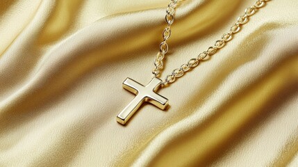 Gold Cross Necklace on Golden Fabric, Elegant Religious Jewelry, Symbol of Faith and Hope