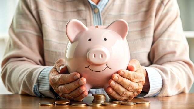 Senior hands holding piggy bank with coins and savings account statement, symbolizing careful retirement planning and consistent financial contributions.