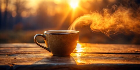 Obraz premium A serene coffee mug on a neutral background, adorned by gentle steam curls and morning light's flattering glow, inviting pause and quiet morning savoring.