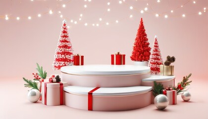Festive product podium with miniature Christmas trees, gifts, and holiday decor. Twinkling lights and evergreen garlands create a magical scene.