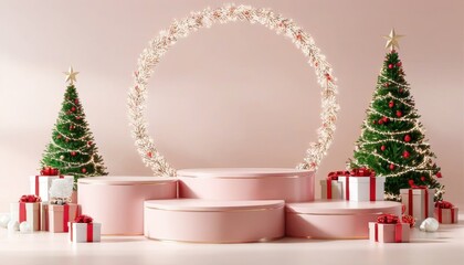 Festive product podium with miniature Christmas trees, gifts, and holiday decor. Twinkling lights and evergreen garlands create a magical scene.
