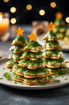 Festive Christmas tree-shaped appetizers made from stacked crackers, creamy filling, fresh dill and topped with a small, star-shaped cheese slice arranged on a white plate. 