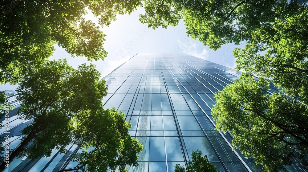 Poster Sustainable office building featuring glass architecture and surrounding trees for CO2 reduction