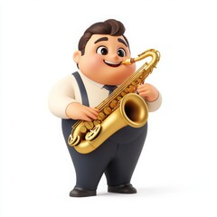Naklejka premium Charming Cartoon Saxophonist, a whimsical 3D character with a large head, big eyes, friendly smile, chubby body, and vibrant colors, set against a clear white backdrop.