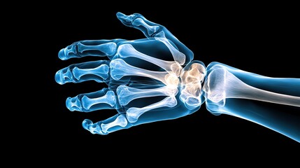 Detailed X-ray image of a human hand showcasing the skeletal structure and joint articulation against a dark background.