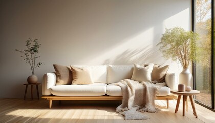 Bright minimalist living room with a cozy white textured sofa and pillows, wooden side table . modern living room with sofa