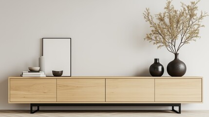 Modern Interior Featuring a Wooden Sideboard Against an Empty Wall with Copy Space for Design or Text, Rendered in a Minimalist Style with Photorealistic Detail