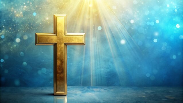 Serene gold cross stands out against a soft, gradient blue background with subtle texture, evoking feelings of peace, hope, and spirituality in a Christian context.
