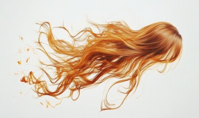 Dynamic Long Wavy Wig Explosion on White Background: Glamorous Hairstyle Concept for Fashion, Beauty, and Self-Expression. Minimalist Design with Elegant Copy Space for Salon Marketing, Cosmetic Adver