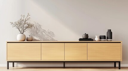 Modern Interior Featuring a Wooden Sideboard Against an Empty Wall with Copy Space for Design or Text, Rendered in a Minimalist Style with Photorealistic Detail